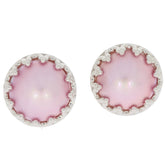 Round pink pearl sterling silver earrings with elegant scalloped accent.